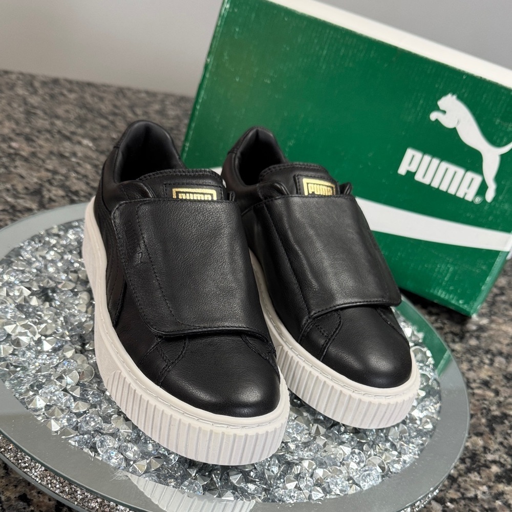 PUMA Women's black leather basket platform strap Sneakers NWT 6